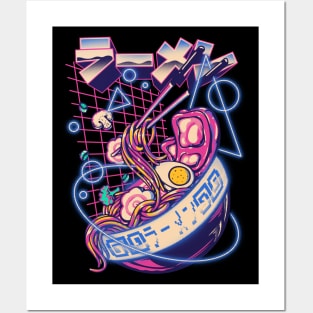 Retrowave Ramen With Geometric Blue Neon elements, Retro Ramen Cute Ramen Bowl - Kawaii ラーメン Cyberpunk Vaporwave Synthwave synth 80s 90s digital gaming style Posters and Art